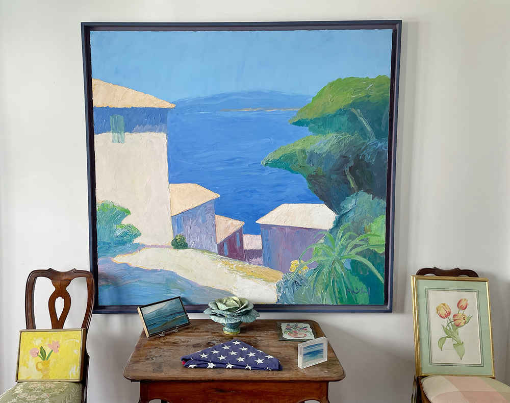 Large Roger Muhl painting of houses and the sea in France