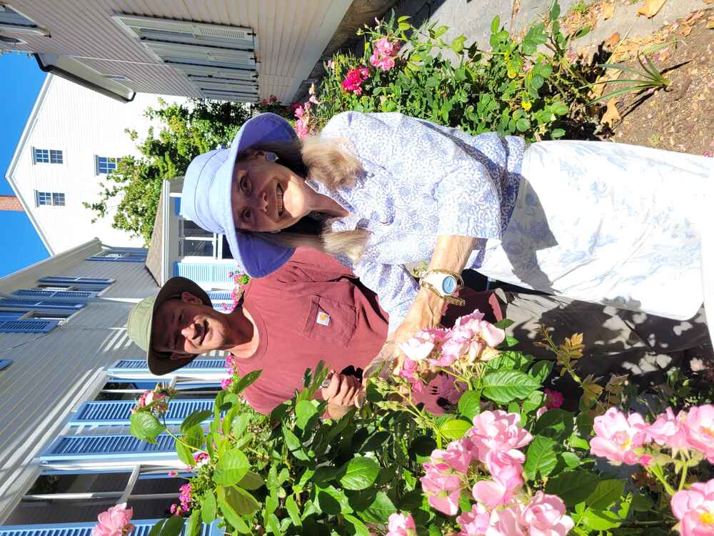 Kevin and Alexandra standing next to a pink rosebush