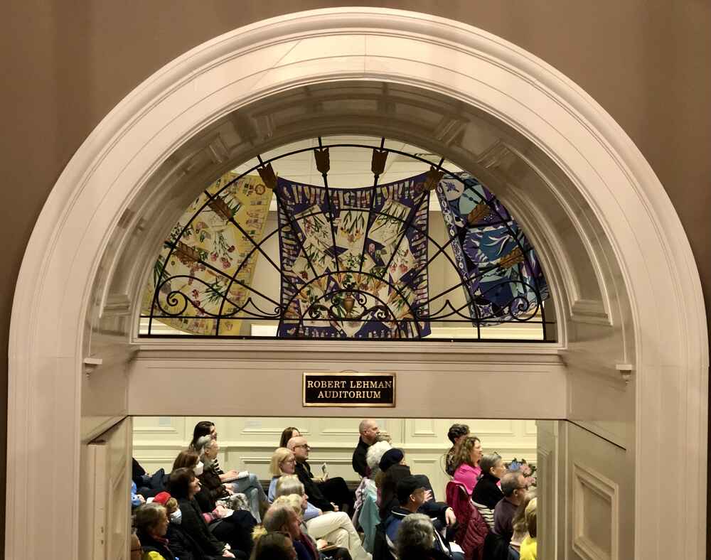 Scarves hanging above the audience at Lyman Allyn Art Museum