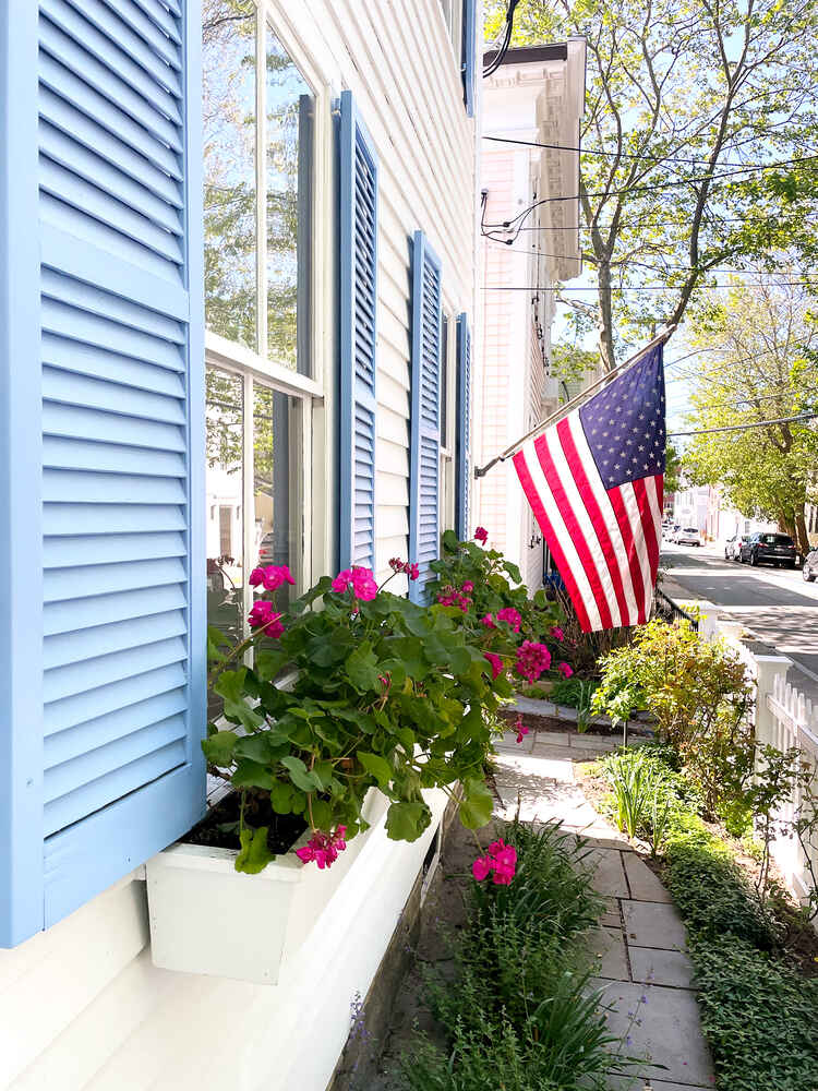 Pink geraniums in a window box outside Alexandra's cottage. You can see the blue shutters and an American flag.