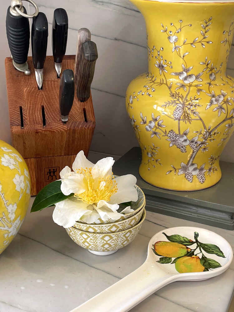 A collection of yellow items on a kitchen counter.